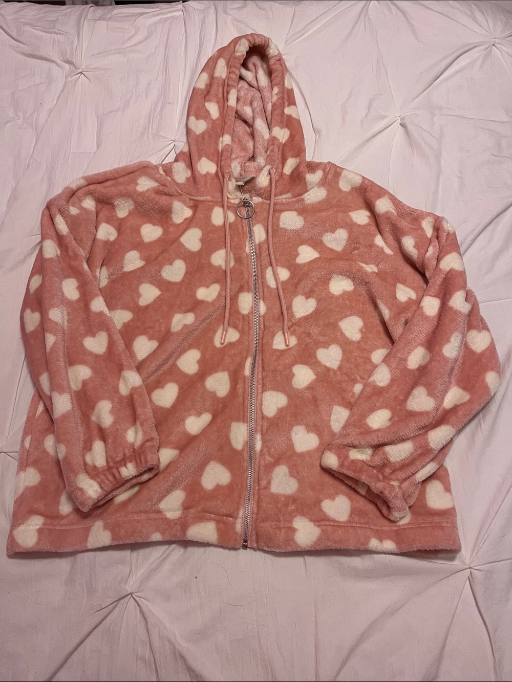 Pink Heart-Print Fleece Hoodie Jacket